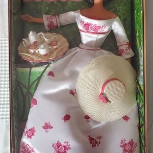 Barbie Doll in Elegant White and Pink Floral Dress with Cream Hat